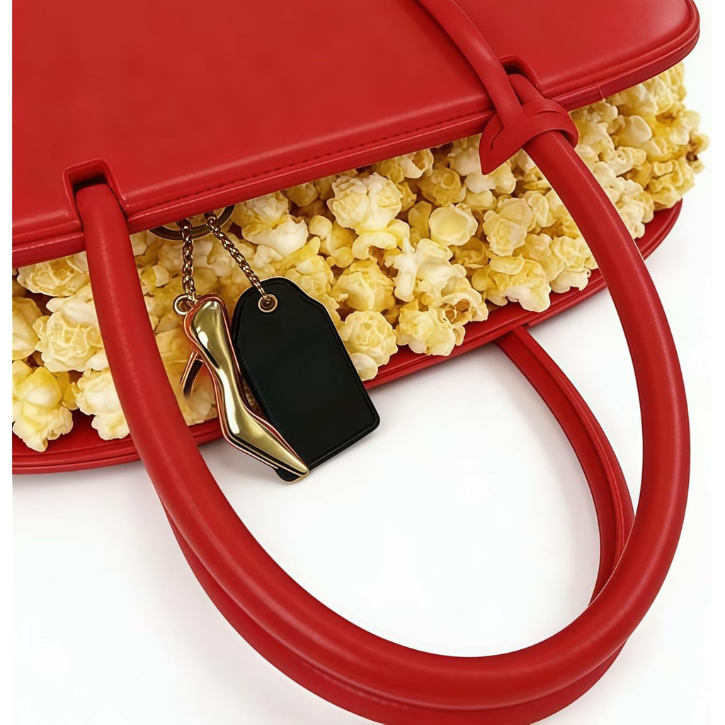 Leather Red Popcorn Bag, Fashion Handbag Style Top Handle Snack Container, for Party, Pool, Travel