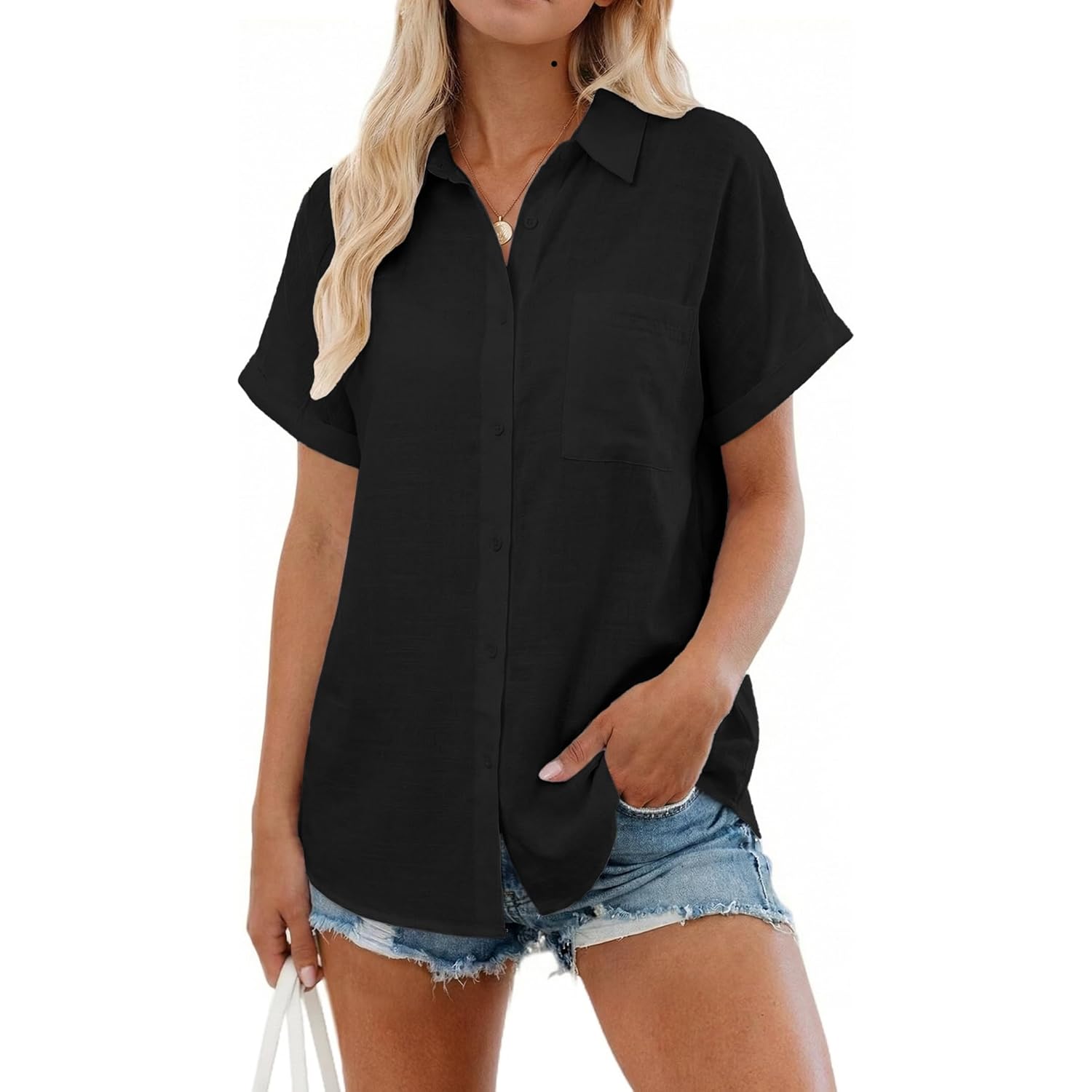 Womens Casual Button Down Shirt Short Sleeve Cotton Button Up Blouses Collared Summer Beach Tops Ladies Outfits