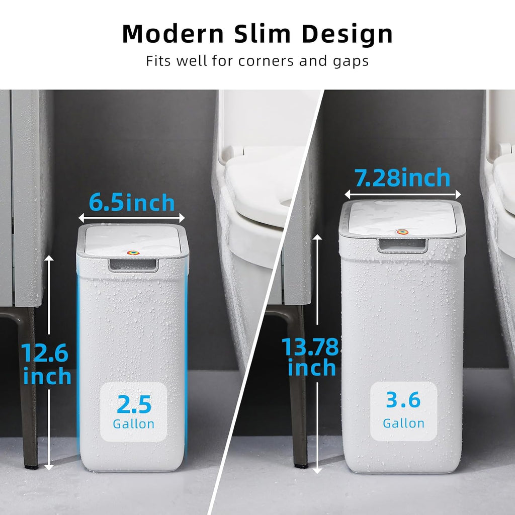 2 Pack Bathroom Trash Can With Lid, 3.6Gal + 2.5Gal Small Garbage Can Set With Pop-Up Lid, Slim Trash Bin Waste Basket For Toilet, Office, Bedroom, Living Room (White)