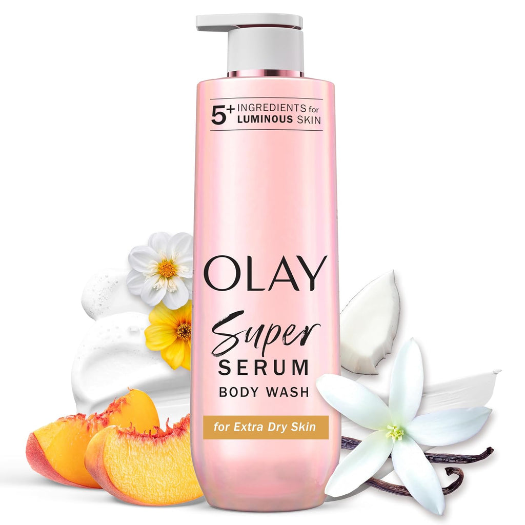 Olay Super Serum Body Wash For Extra Dry Skin, 24Hr Long Lasting Rich Hydration, 5+ Ingredient Complex For Bright, Even, Firm, & Luminous Skin, With Collagen Peptide, Vitamin C & Shea Butter, 20 Fl Oz