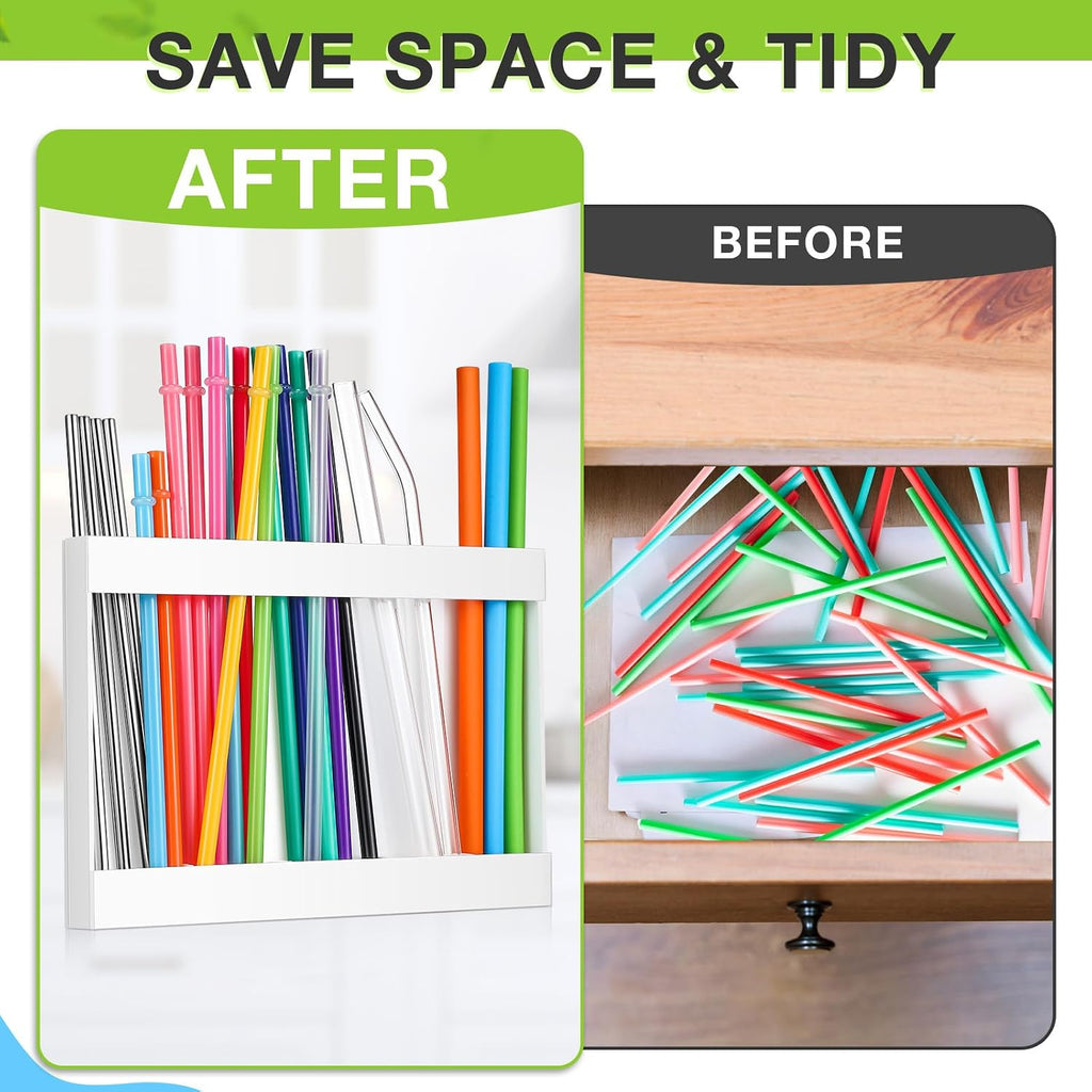 Qinyoung Acrylic Straw Holder For Cabinet Door With Double Sided Adhesive Tape Reusable Straw Organizer Tumbler Storage Kitchen Accessories Container For Counter Cupboard(Classic,Large,White)
