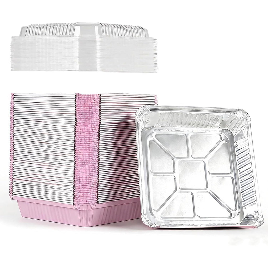 (40 Pack) 8x8 Square Aluminum Baking Cake Pans with Clear Lids - Pink Foil Pans with Lids - Disposable Food Containers Great for Cooking, Heating, Storing, Prepping Food