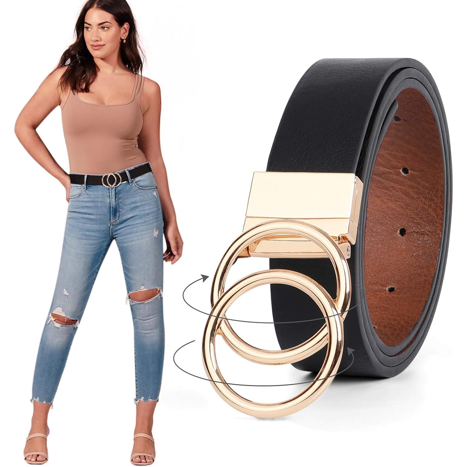 JASGOOD Women Leather Belt,Reversible Belt,Leather Waist Belt for Jeans Dress with Gold Double O Ring Rotate Buckle