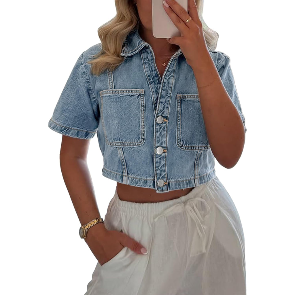Women'S Denim Top, Short Sleeve Cropped Denim Jacket Button Down Casual Jean Jacket Shirt With Pocket