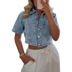 Women'S Denim Top, Short Sleeve Cropped Denim Jacket Button Down Casual Jean Jacket Shirt With Pocket