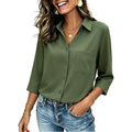 Zeagoo Button Down Shirts For Women 3/4 Length Sleeve Work Tops V Neck Shirts Dressy Casual Business Blouses With Pocket