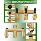 3 Way Hose Splitter, Heavy Duty Full Flow Garden Water Hose Bib Spigot Splitter, Brass Rust And Freeze Resistant Outdoor Faucet Splitter, T Adapter Connector With 3/4 - Inch Ght Thread （Green）