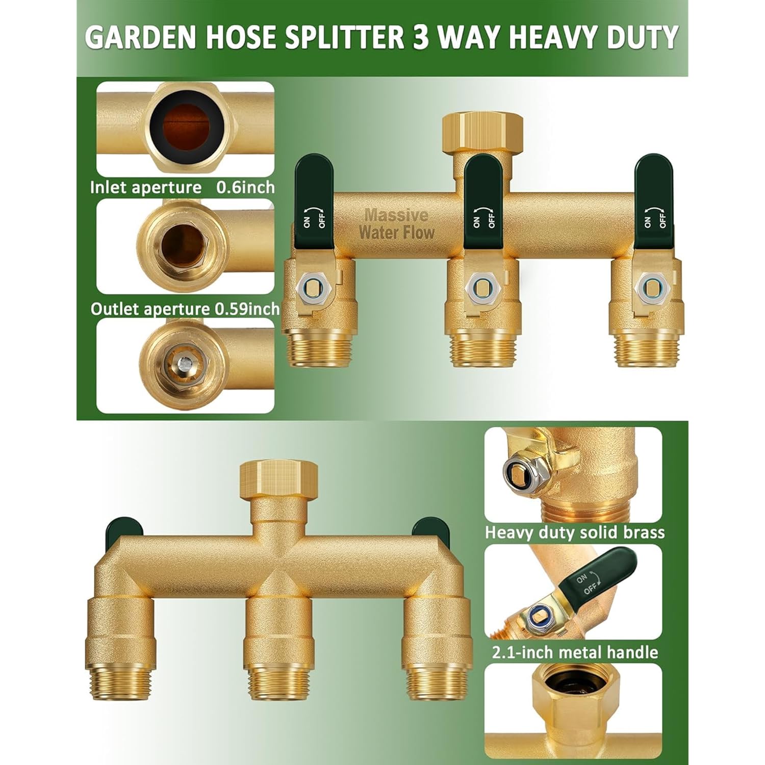3 Way Hose Splitter, Heavy Duty Full Flow Garden Water Hose Bib Spigot Splitter, Brass Rust And Freeze Resistant Outdoor Faucet Splitter, T Adapter Connector With 3/4 - Inch Ght Thread （Green）