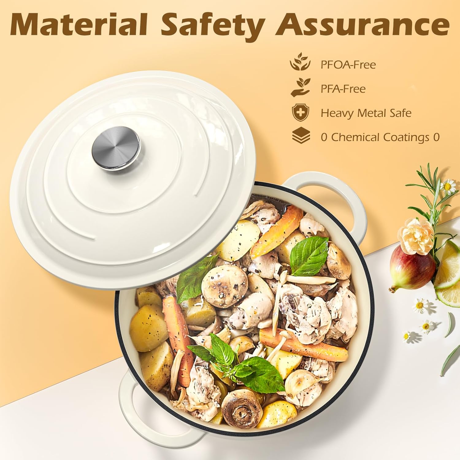 Enameled Cast Iron Dutch Oven - Umite Chef 5QT Pot with Lid & Cotton Potholders - Heavy-Duty Cookware for Bread Baking, Braising, Stews, Roasting(Cream White)