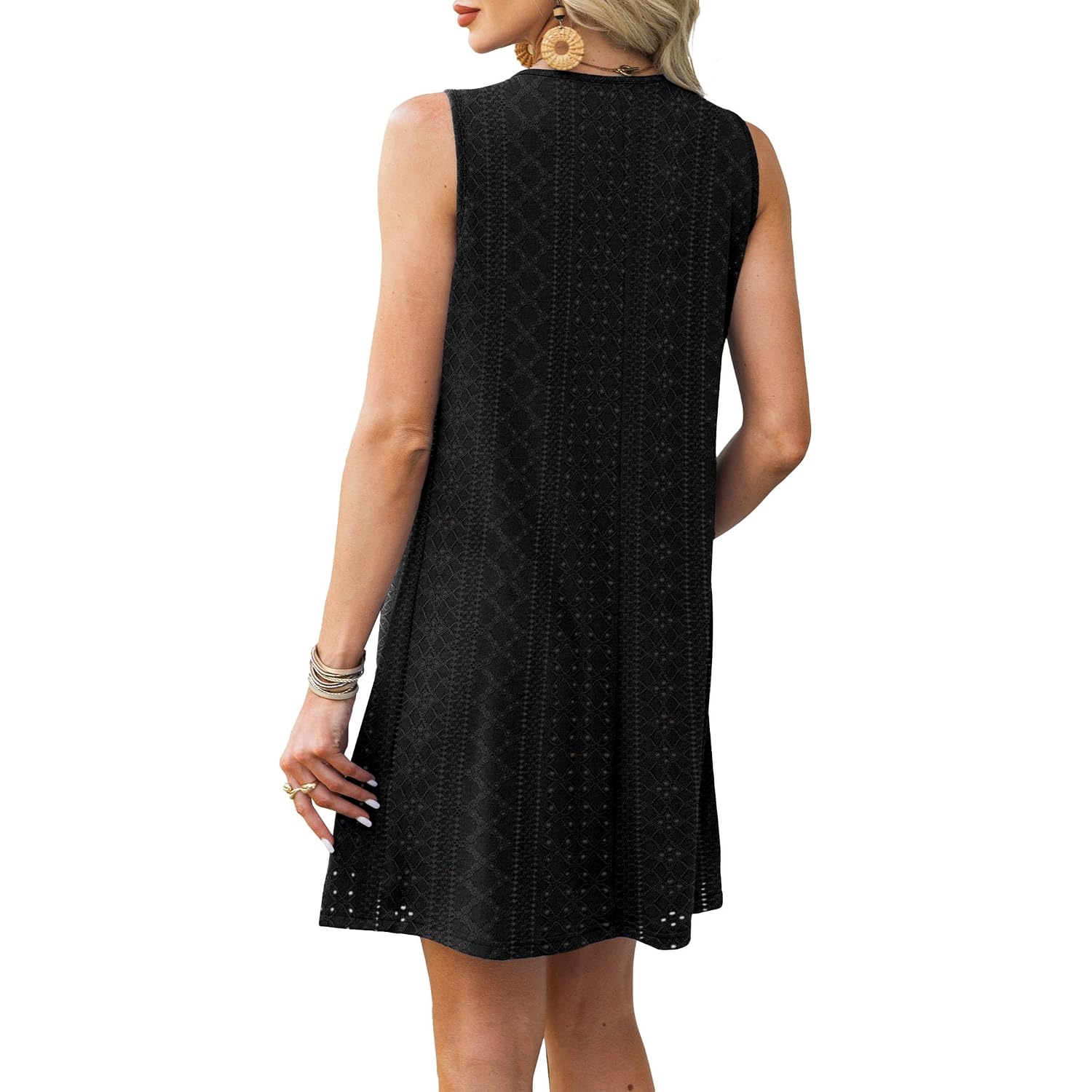 Rumia Swimsuit Coverup For Women Summer Sleeveless Beach Dress | Crew Neck, Pockets, Eyelet, Boho, Above Knee Length, A-Line. Everyday Wear, Sundresses, Cruise Wear, Vacation Essential