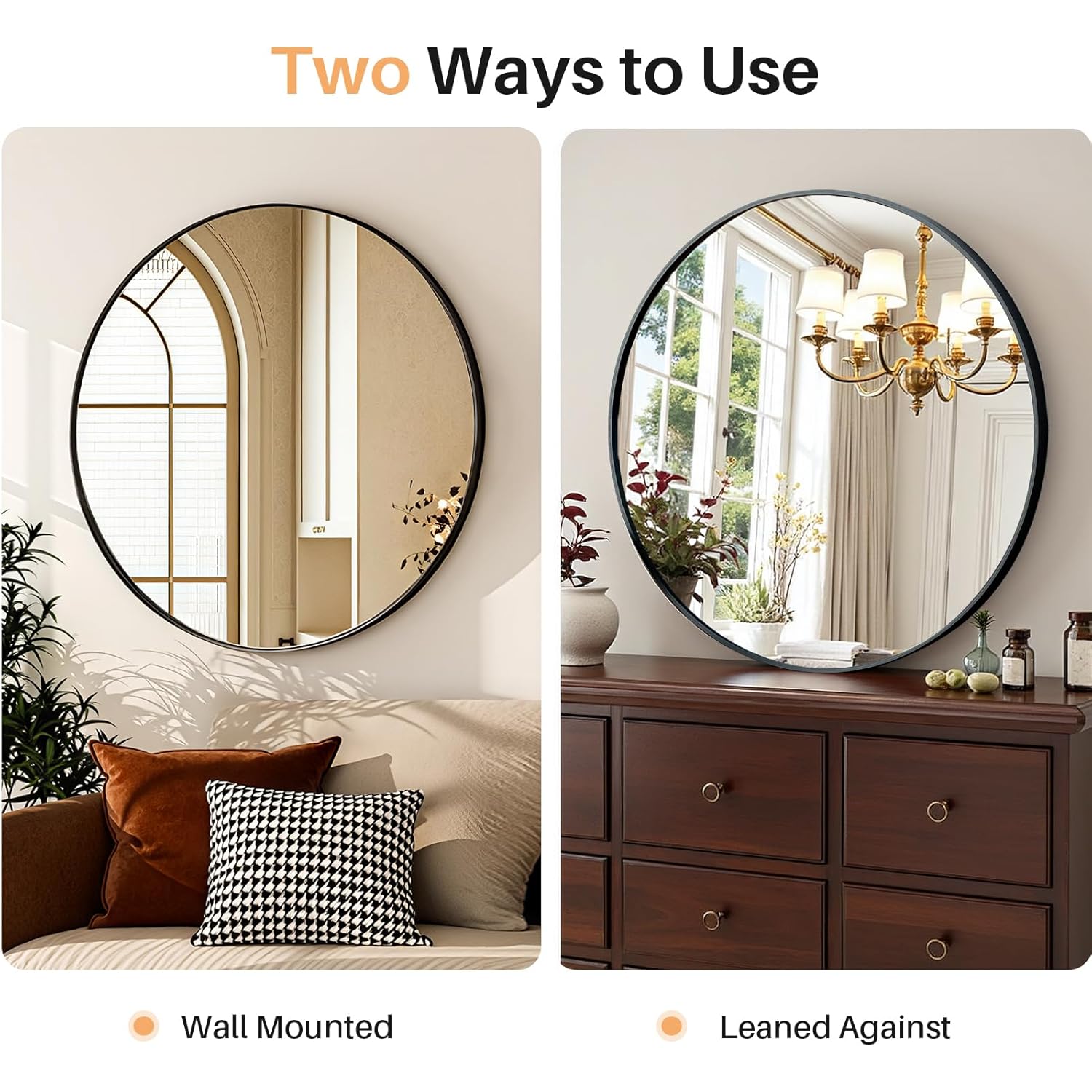 Bathroom Mirror for Wall, 24 Inch Round Mirror, Matte Black Metal Framed Circle Vanity Mirror for Bathroom Bedroom Living Room Entryway, Anti-Rust, Tempered Glass, Hanging or Leaning