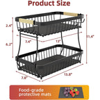 Sevenblue 2 Tier Large Fruit Basket for Kitchen Counter with 2 Mobile Banana Hangers, 2026 Pro Detachable Metal Fruit Bowl with Wooden Handle, Fruit Holder for Bread Snack Veggies with Protective Mats