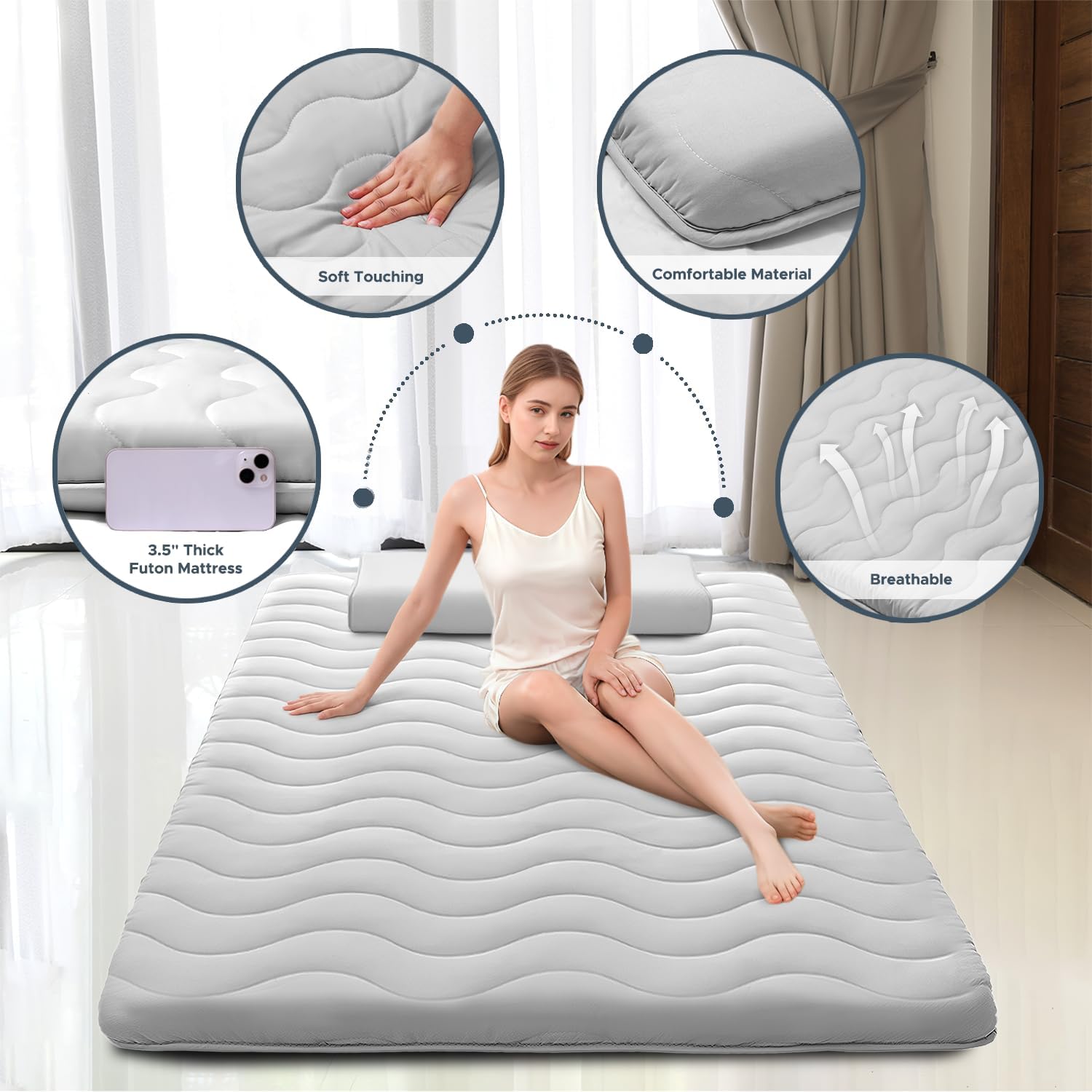 Japanese Futon Floor Mattress, 100% High Density Comfortable Foam, 3.5" Thicken Foldable Mattress Tatami Mat Sleeping Pad, Ideal For Comfort And Support, Kids Floor Lounger Pillow Bed Sofa (Twin）
