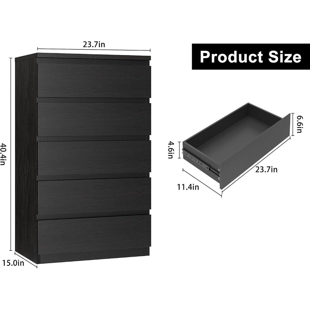 Jocoevol Black 5 Drawer Dresser For Bedroom, 15" D X 23.7" W X 40.4" H In Simply Chest Of Drawers, Wood Storage Dresser With Drawers For Living Room Hallway Entryway, Black