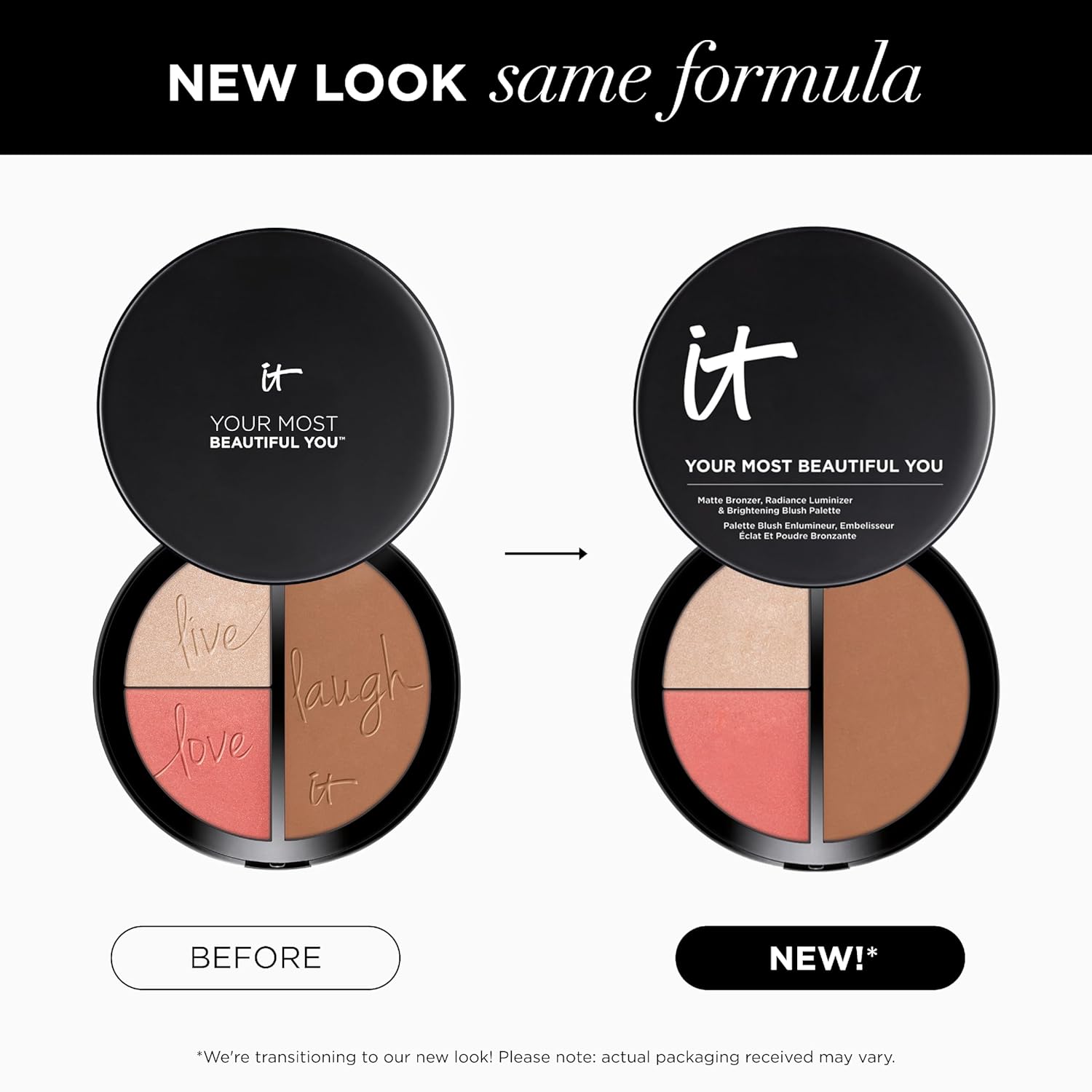IT Cosmetics Your Most Beautiful You 3-in-1 Makeup Palette - Matte Bronzer - Radiance Luminizer -Brightening Powder Blush - With Peptides & Drops of Light Technology