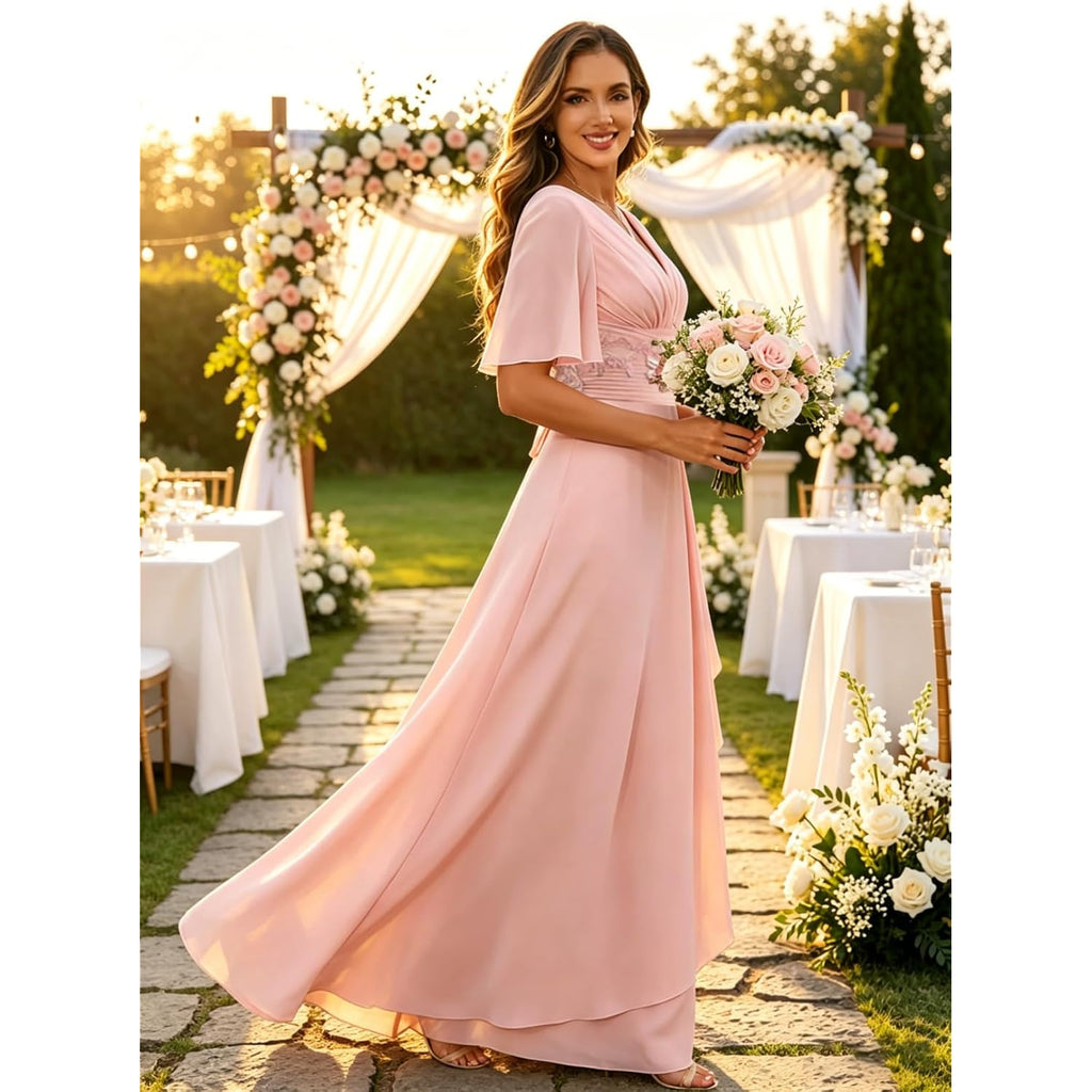 Mother Of The Bride Dresses For Women 2026 Long Chiffon V Neck A Line Lace Appliques Short Sleeves Formal Evening Gown