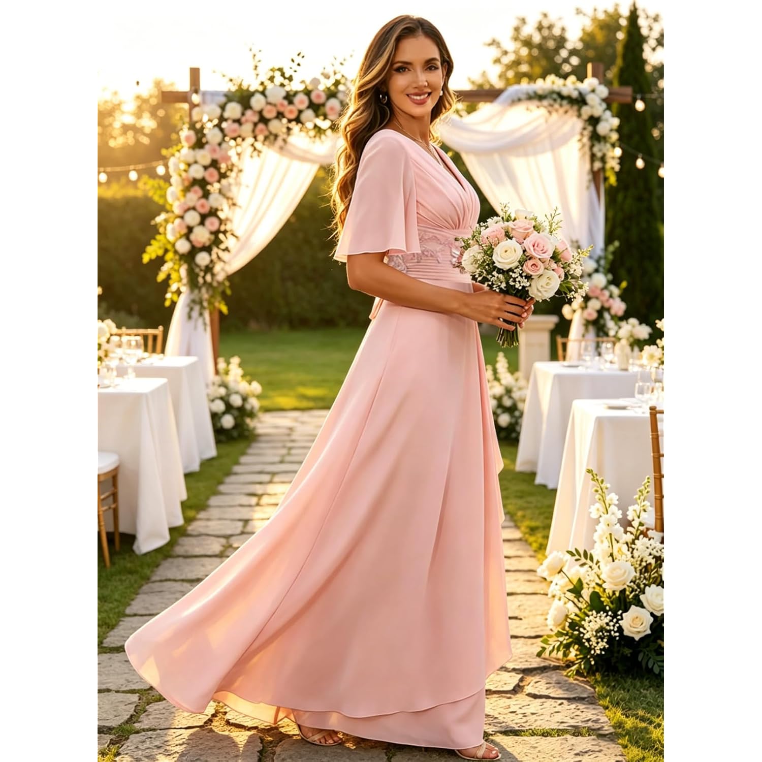 Mother Of The Bride Dresses For Women 2026 Long Chiffon V Neck A Line Lace Appliques Short Sleeves Formal Evening Gown