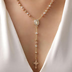Women's Gold Virgin Mary Necklace - 14k Gold Plated Rosary Bead Cross Necklaces,Hypoallergenic Non Tarnish Gold Catholic Y Chain Necklace,Religious Rosary Beads Crucifix Necklaces Jewelry Gift for Her