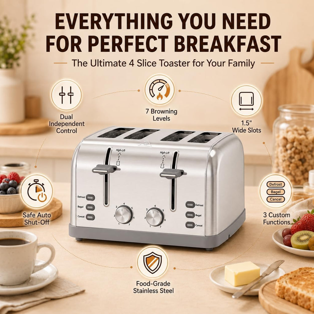 Toaster 4 Slice Retro Stainless Steel,Best Prime 4 Slice Toaster Wide Solt With 7 Shade Settings, Perfect For Waffles, Bagels And More Lainsten T-527