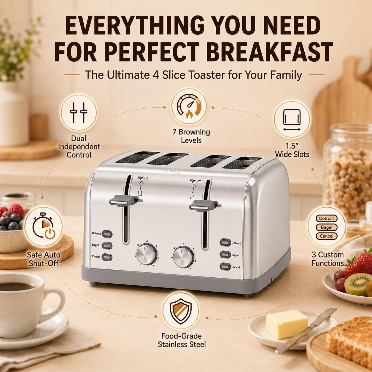 Toaster 4 Slice Retro Stainless Steel,Best Prime 4 Slice Toaster Wide Solt With 7 Shade Settings, Perfect For Waffles, Bagels And More Lainsten T-527