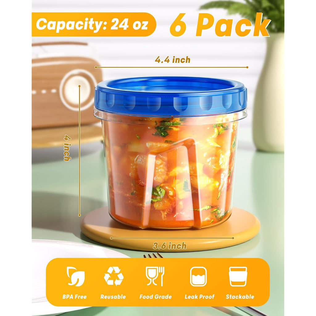 Biuleon 6 Pack-24 Oz Freezer Storage Containers, Plastic Food Storage Containers With Twist Top Lids, Bpa Free And Reusable Soup Containers With Lids, Leakproof/Microwave/Dishwasher Safe