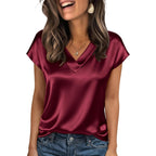 Zeagoo Women Silk Satin Tops Cap Short Sleeve Blouse V Neck Shirts Business Casual Outfits S-2Xl