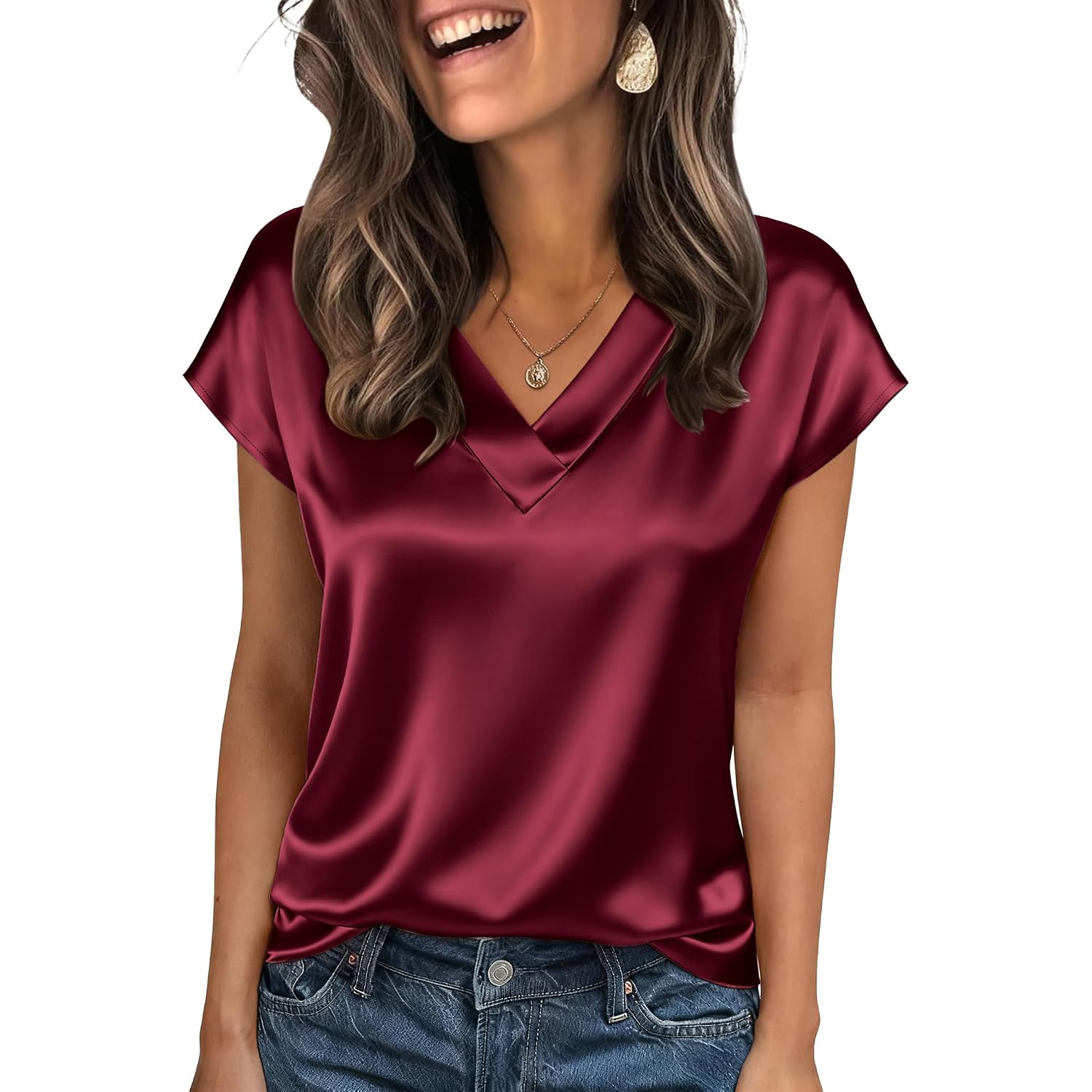 Zeagoo Women Silk Satin Tops Cap Short Sleeve Blouse V Neck Shirts Business Casual Outfits S-2Xl