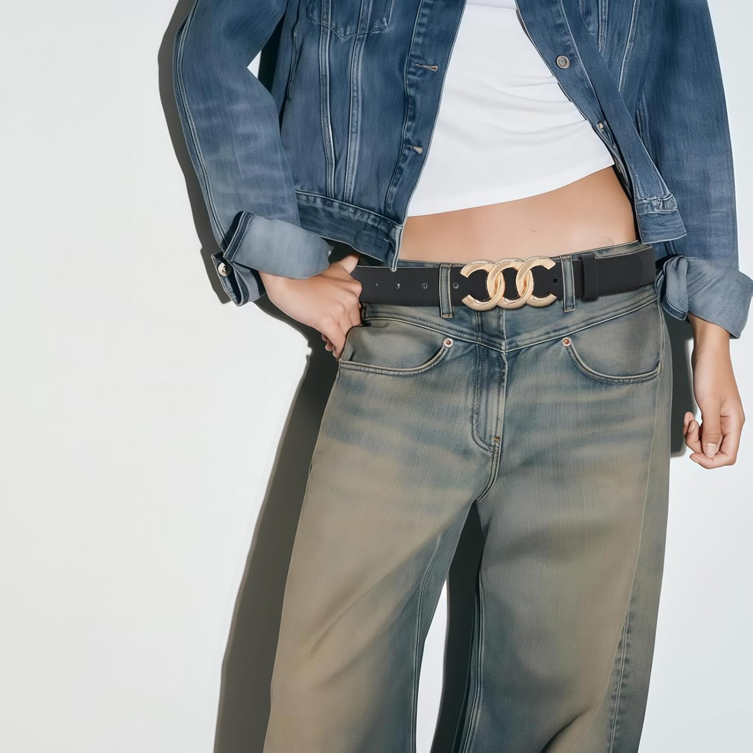 Women Belt for Jeans Dress Cinch Waist Belt for Ladies Faux Leather Belt with Gold Buckle