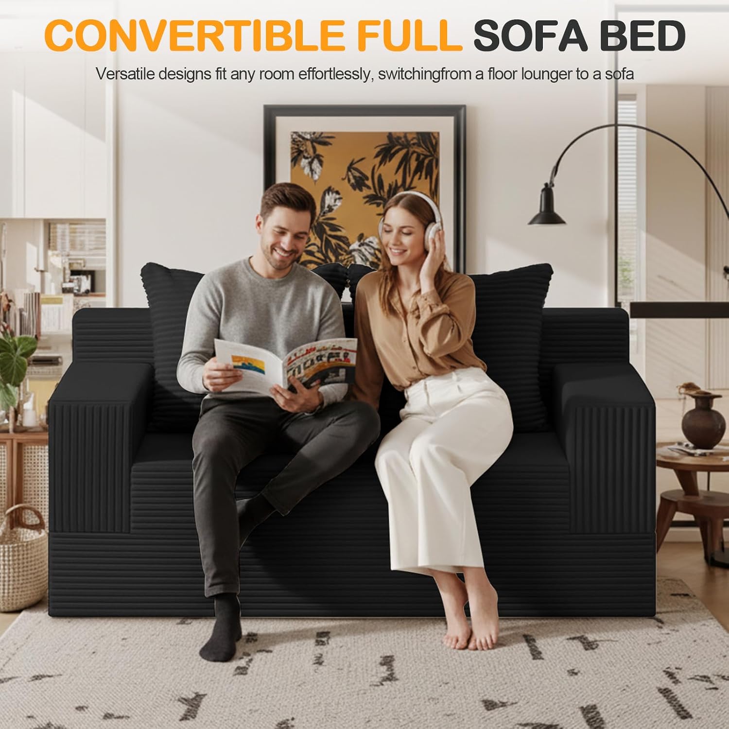 Loveseat Boneless Convertible Sofa Bed, Folding Floor Futon Sleeper Sofa Couch Bed- Boneless Foldable Couch, Corduroy Pull Out Sofa Bed With 2 Pillows For Living Room & Bedroom
