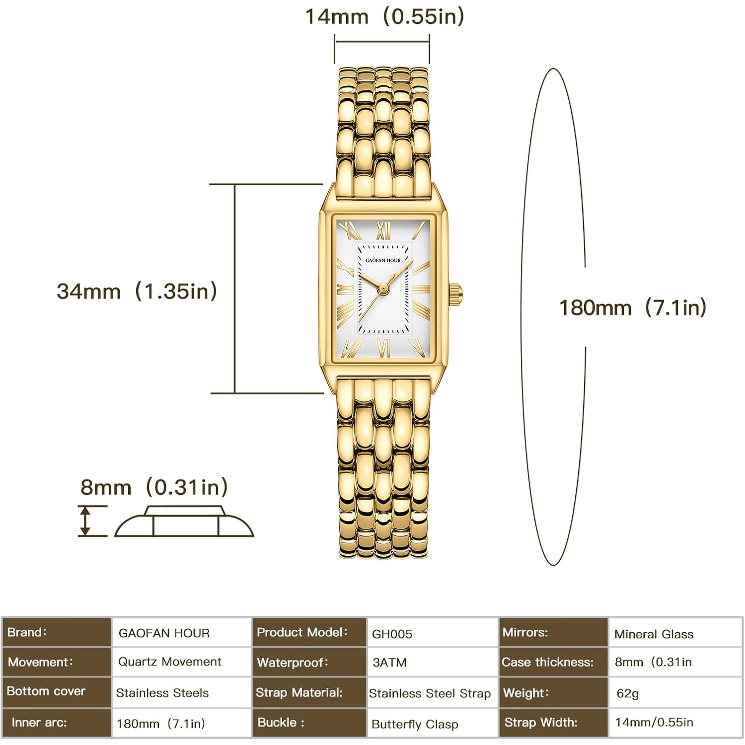 Watches for Women with Vintage Rectangular Case,Gold Roman Dial,Stainless Steel Band,Adjustment Tool Included,Water Resistant
