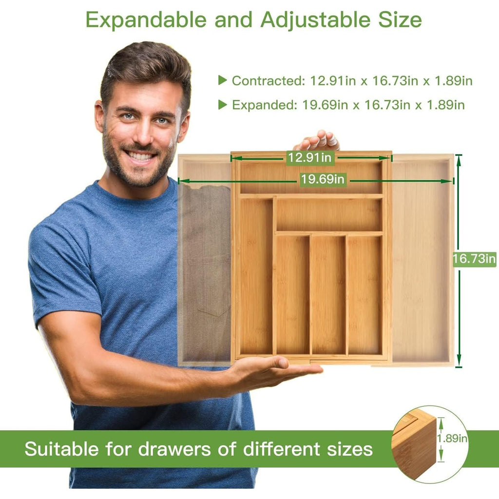 Pipishell Bamboo Expandable Silverware Drawer Organizer, Adjustable Kitchen Utensil Tray for Forks, Spoons and Knives, Wood Storage Cutlery Holder for Bedroom and Living Room