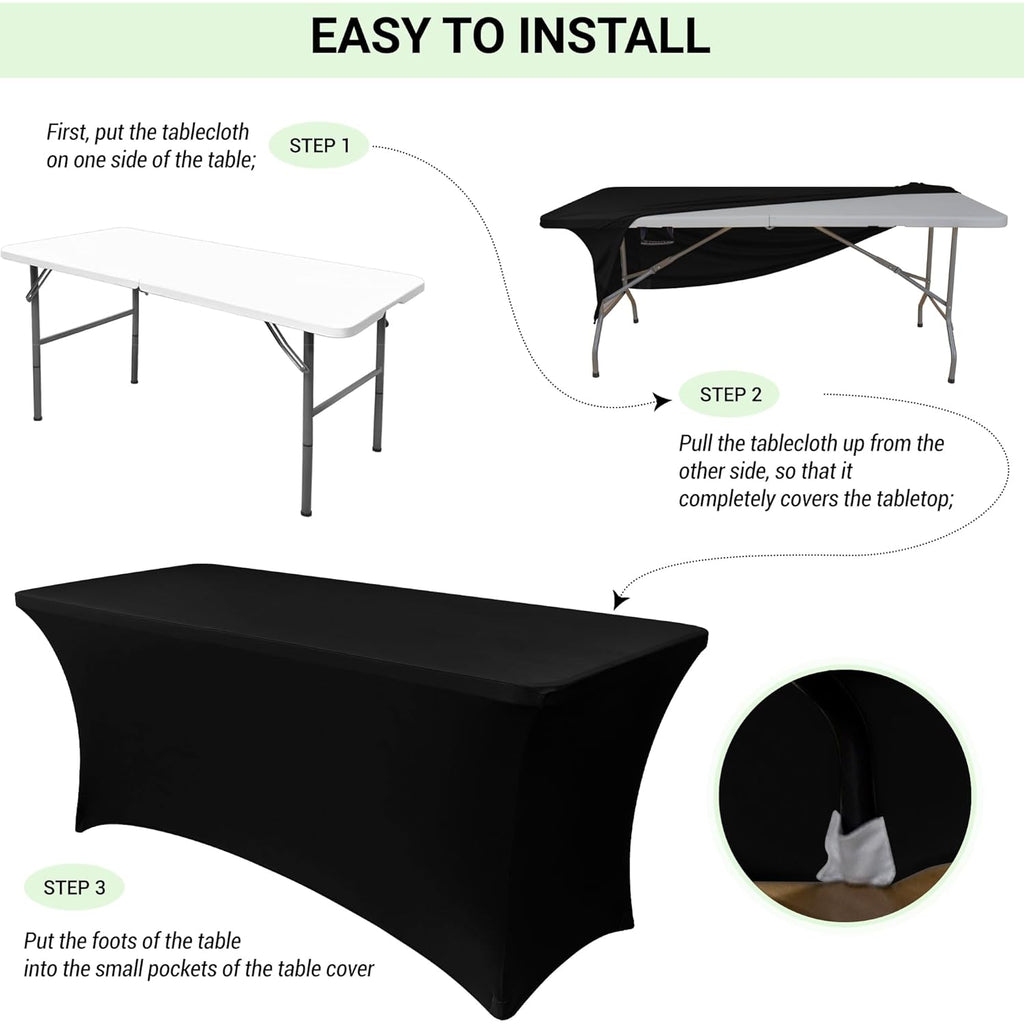 Obstal 6ft Stretch Black Spandex Table Cloth for Standard Folding Tables - 2 Pack Universal Rectangular Fitted Tablecloth Protector for Wedding, Trade Show, Vendor Stand