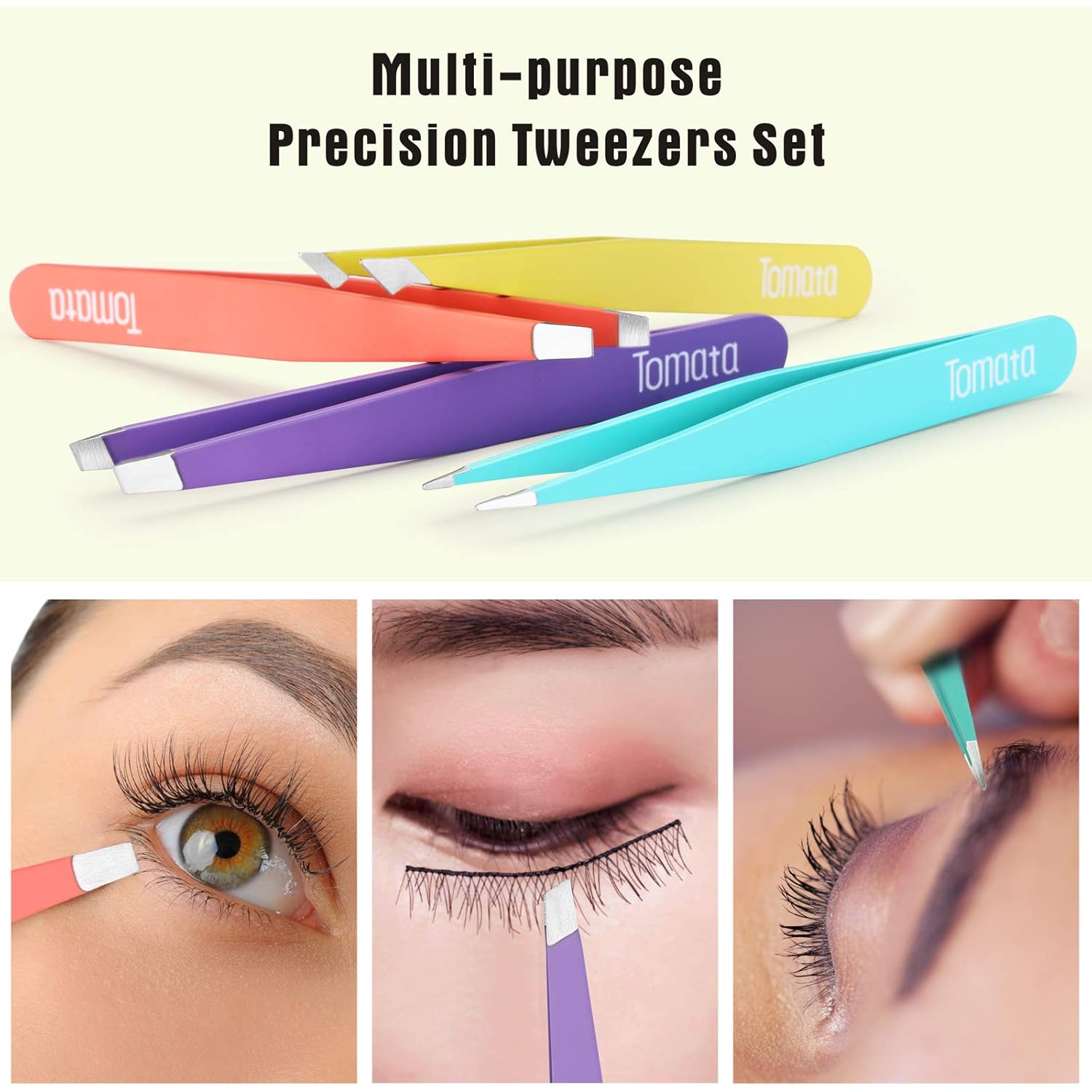 Tomata Tweezers for Eyebrows, Slant Tip and Pointed Eyebrow Tweezer Set Great Precision for Eyebrows Facial Hair, Ingrown Hair, Splinter, Blackhead and Tick Remover (4-piece) (Multi-color)