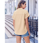 Short Sleeve Summer Tops for Women Casual Button Down Shirts Solid/Striped Business Work Blouses