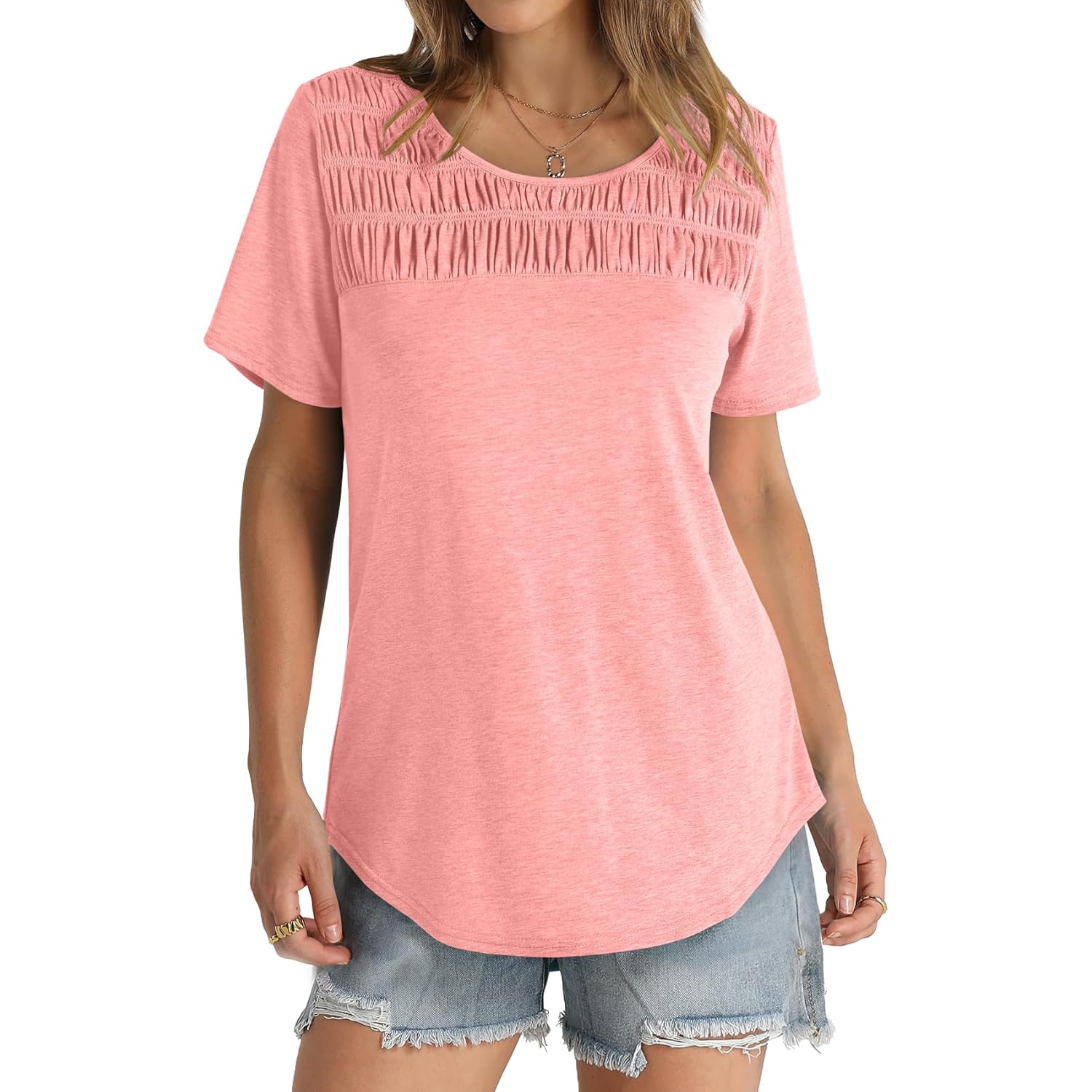Women's Summer Tops 2026 Trendy Short Sleeve Shirts Smocked Crewneck Tee