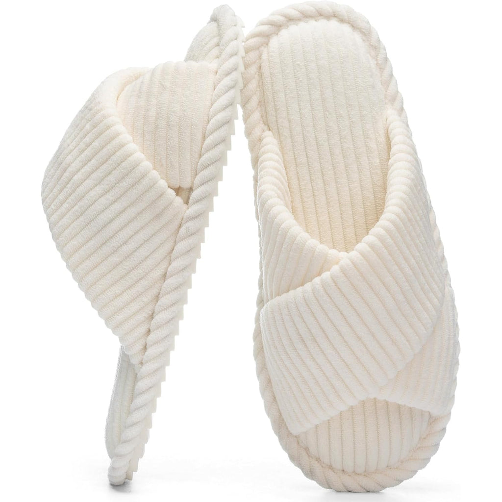 Slippers For Women Memory Foam House Bedroom Corduroy Crossbands Open Toe Slides Sandals Shoes Comfy Trendy Gift For Womens Anti-Skid Sole