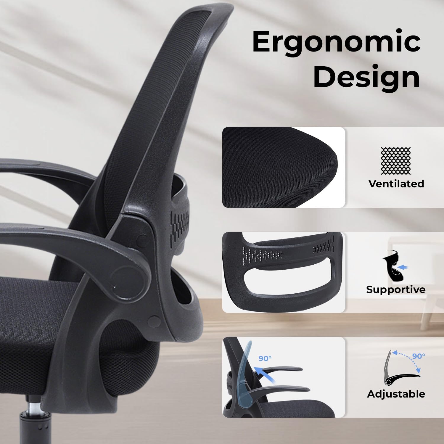 Ergonomic Mesh Office Chair For Home Office, Flip-Up Arms, Breathable Mesh Back & Thick Seat Cushion, Swivel Rolling Computer Desk Chair, Bifma Certified, Supports 300 Lbs (Black Frame/Black Seat)