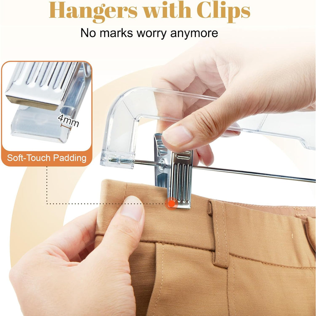 House Day 12 Pack 14 Inch Clear Plastic Skirt Hangers With Adjustable Clips, Pants Hangers 360-Rotating Swivel Hook, Clip Hangers For Pants, Trousers, Skirts, Jeans, Bulk Plastic Hangers