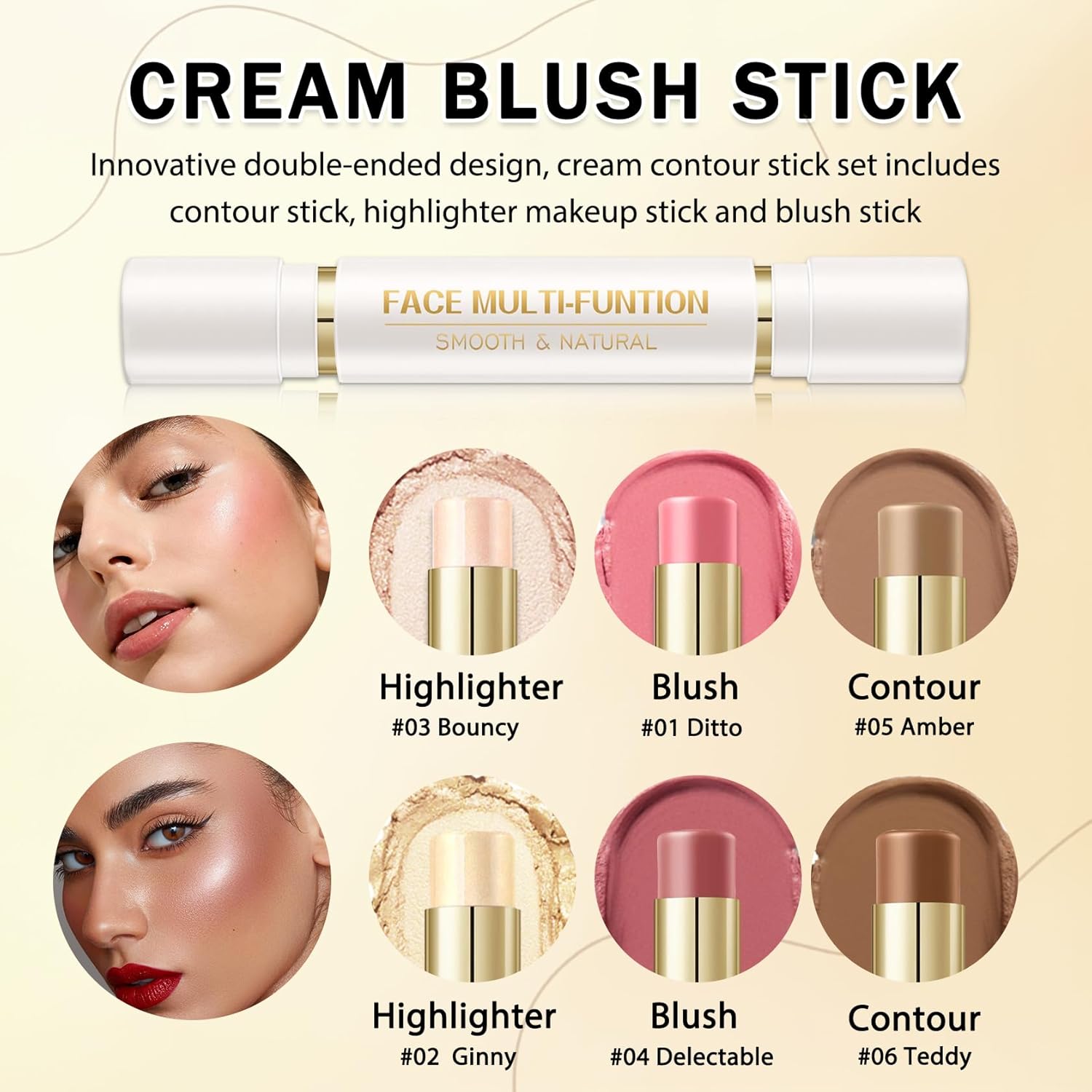 IONSGAKO 6 Colors Cream Contour Stick Makeup Kit, Double-ended Cream Highlighter Stick Bronzer and Blush Stick for Sculpt the Cheeks, Matte & Dewy Finish, Face Contour Kit for Beginners, Set A