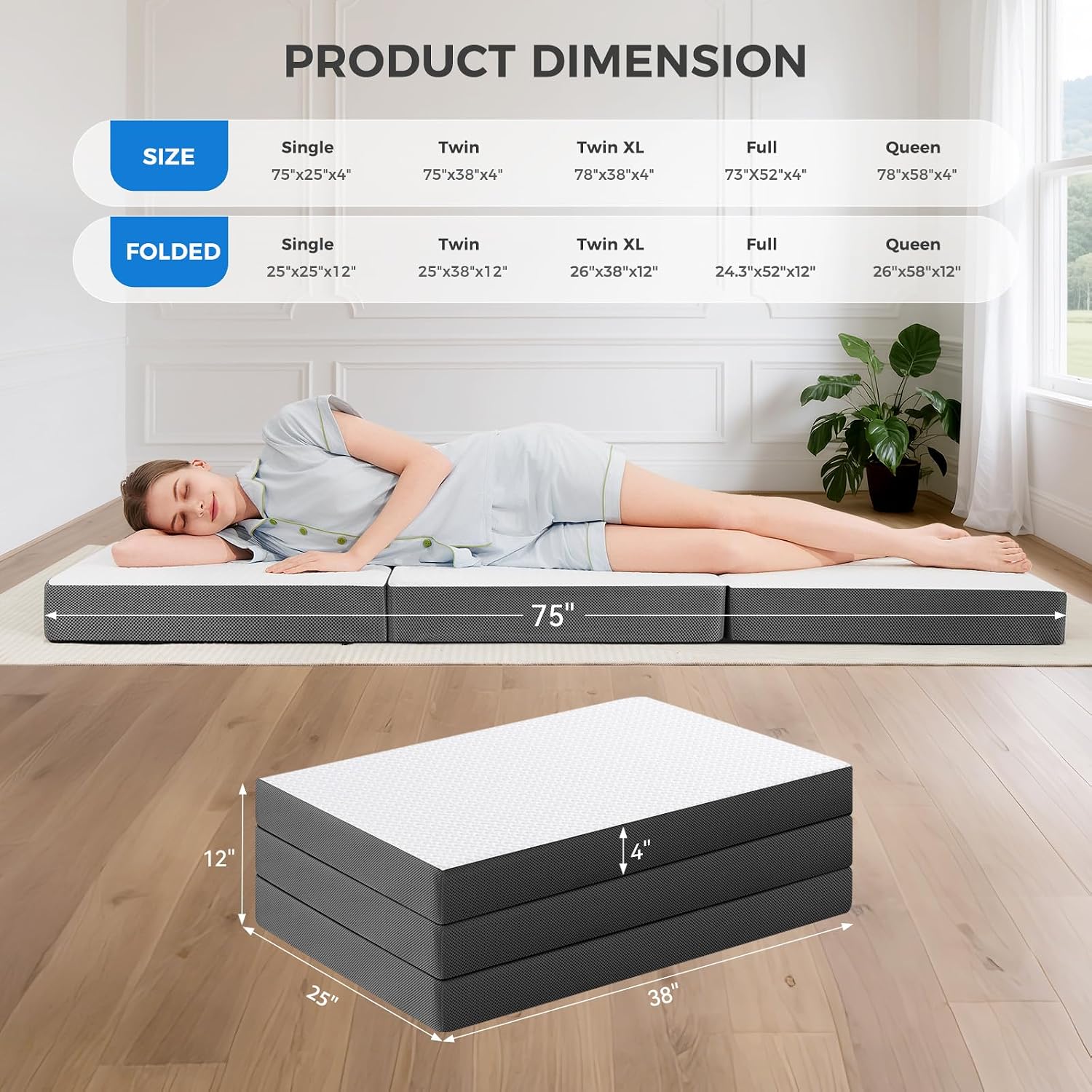 Masvis Trifold Mattress, 4 Inch Memory Foam Foldable Mattress With Washable Cover, Tri-Folding Floor Bed For Camping, Twin