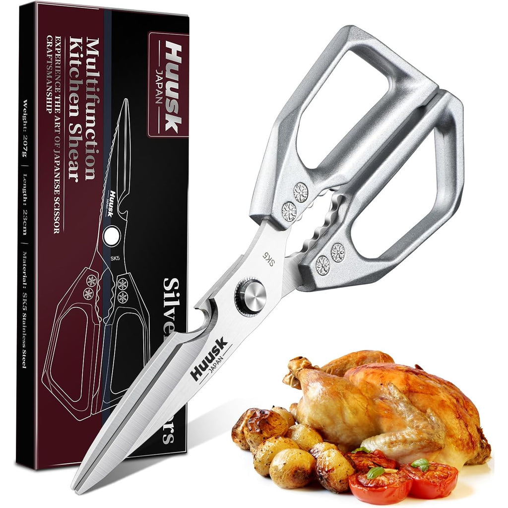 Huusk Kitchen Scissors All Purpose - Stainless Steel Kitchen Shear, Sharp Silver Meat Scissors Dishwasher Safe, Heavy Duty Poultry Shears, Japanese Cooking Scissor For Food, Gifts For Women