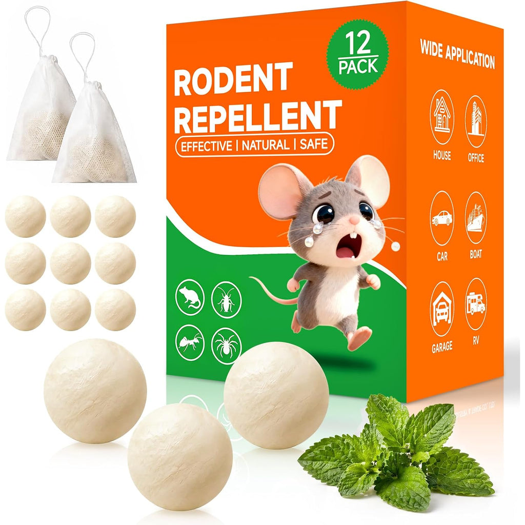 Mouse Rodent Repellent, 12 Pack Peppermint Oil Repellent Balls For Mouse Rats Squirrel Spider Roach Ant Pest Control Indoor & Outdoor, Natural Moth Balls For Rodent Control For Garden & Home