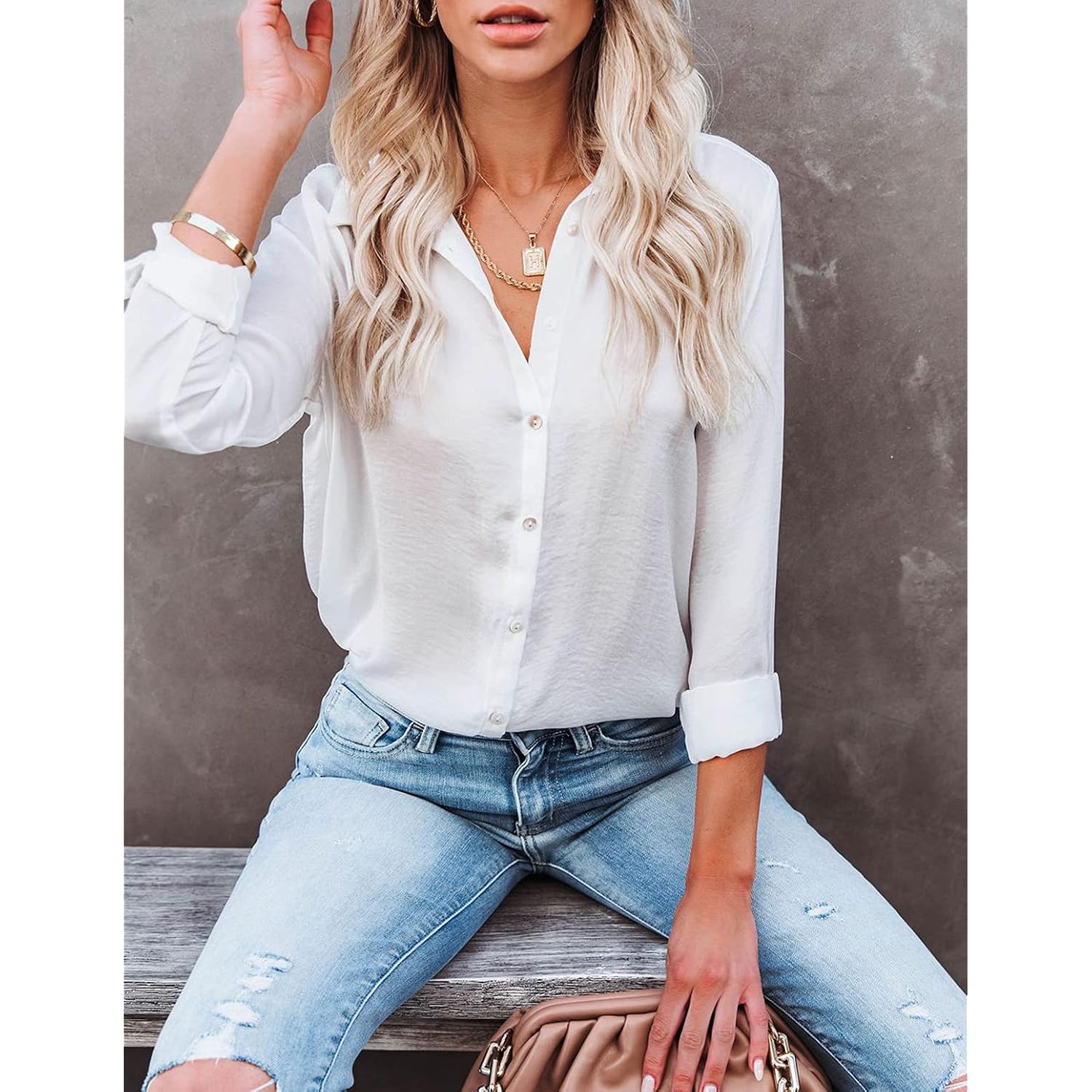 Diosun Womens Button Down V Neck Shirts Long/Short Sleeve Office Casual Business Plain Blouses Tops