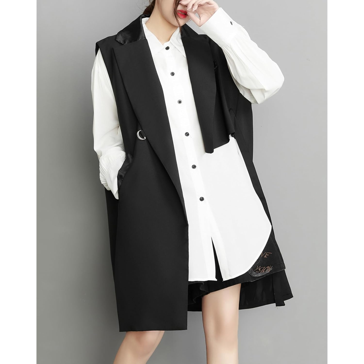 Ellazhu Women'S Funky Lapel Collar Cardigan Vest Solid Color Assymmetrical Sleeveless Outerwear Gz121 A