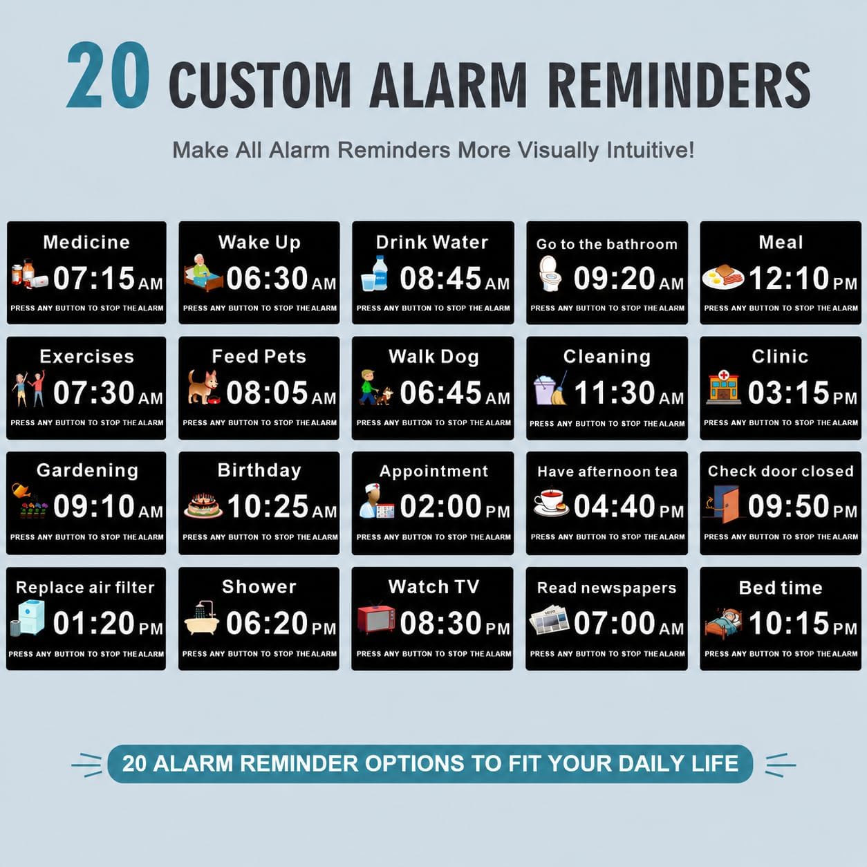 Dementia Digital Clock For Seniors Elderly, 20 Alarm Reminders 3 Ringtones For Memory Loss Alzheimers, Electric Time Date Day Large Display Calendar Clock, Auto Dst, 1024 * 600P Hd
