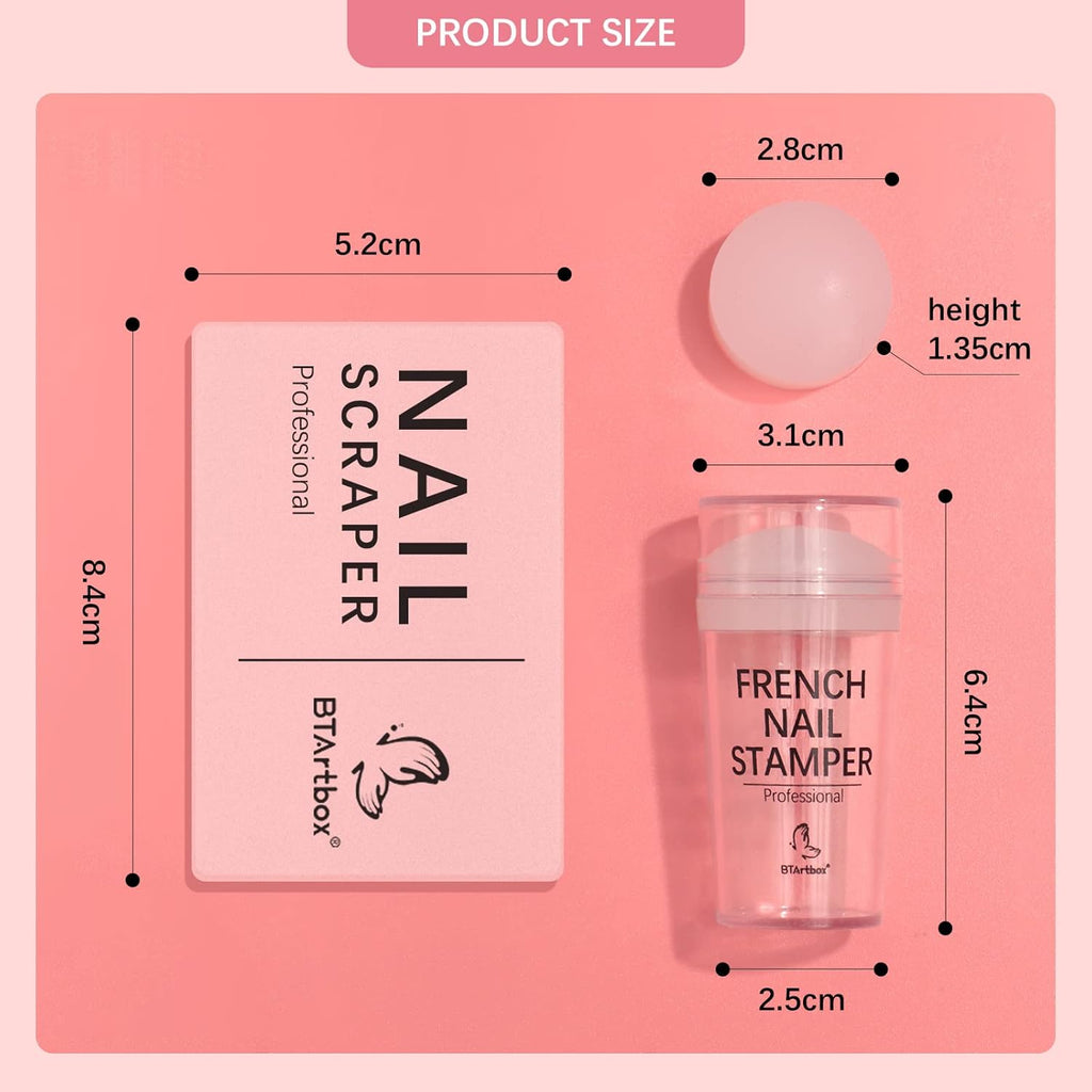 BTArtbox French Nail Stamper - French Tip Nail Tools with Nail Scraper and Replaceable Stamper Head, 100-Time Using Silicone Nail Stamper Kit for Gel Nail Polish DIY Nail Art Tools