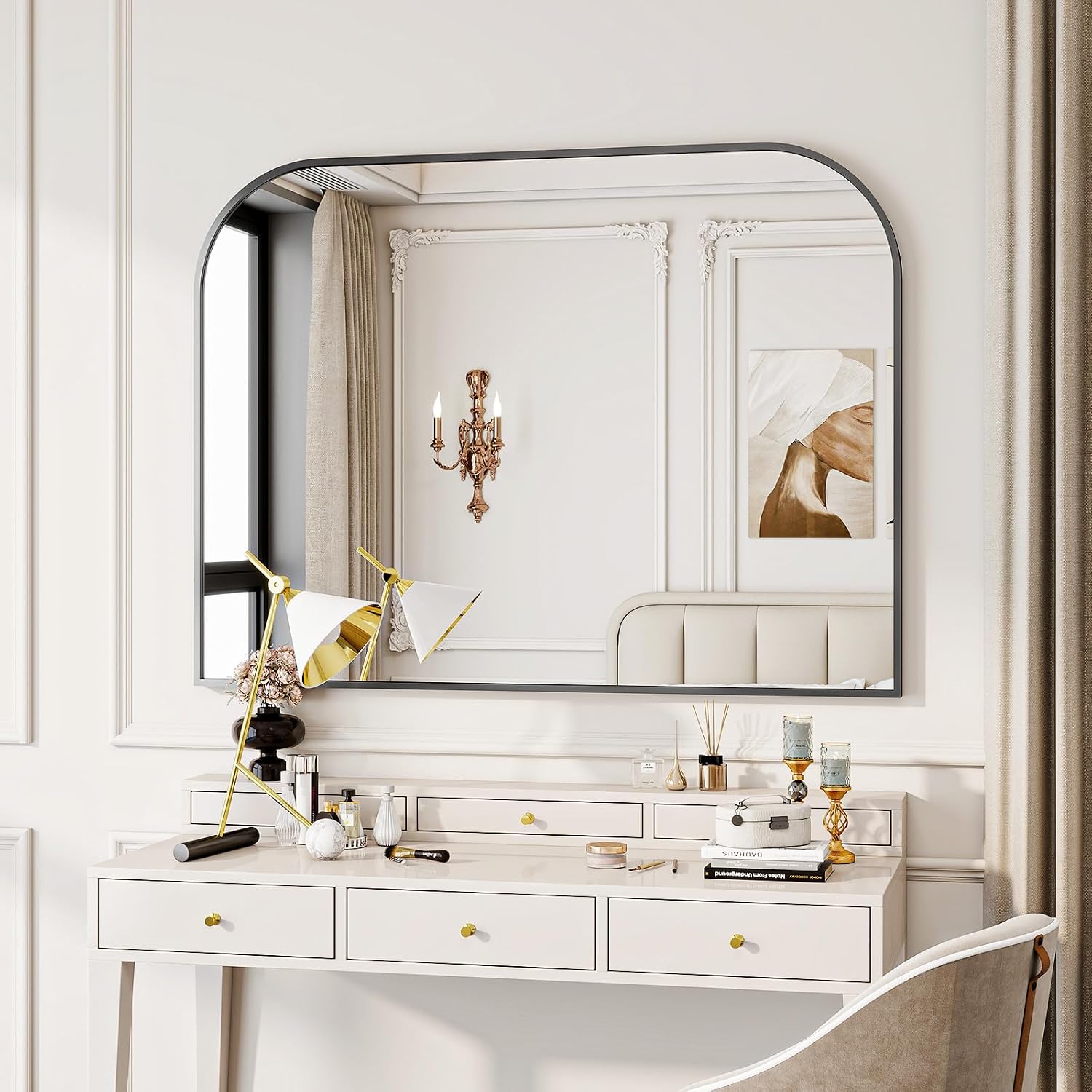 Black Arched Top Wall Mounted Mirror - 38 X 30 Inch Round Cruved Top Bathroom Vanity Mirror, Aluminum Metal Framed, Home Decor For Living Room, Bedroom, Fireplace, Mantle, Entryway