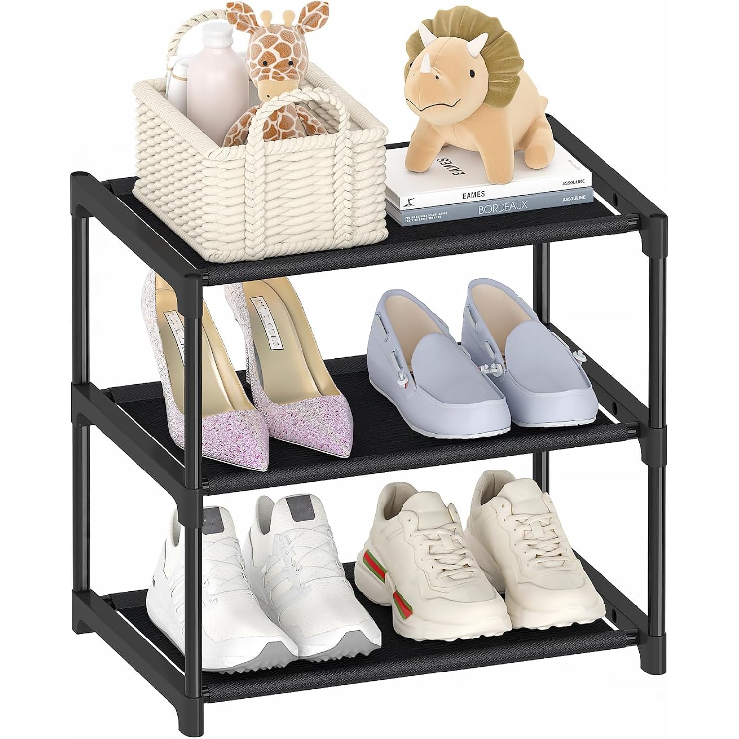 3 Tier Extra Small Shoe Rack (16.3" Wide), Narrow Stackable Shoe Shelf For Kids Toddler Adult, Ultra-Lightweight Shoe Rack Stand For Closet Dorm Bedroom Storage Organizer, Entryway