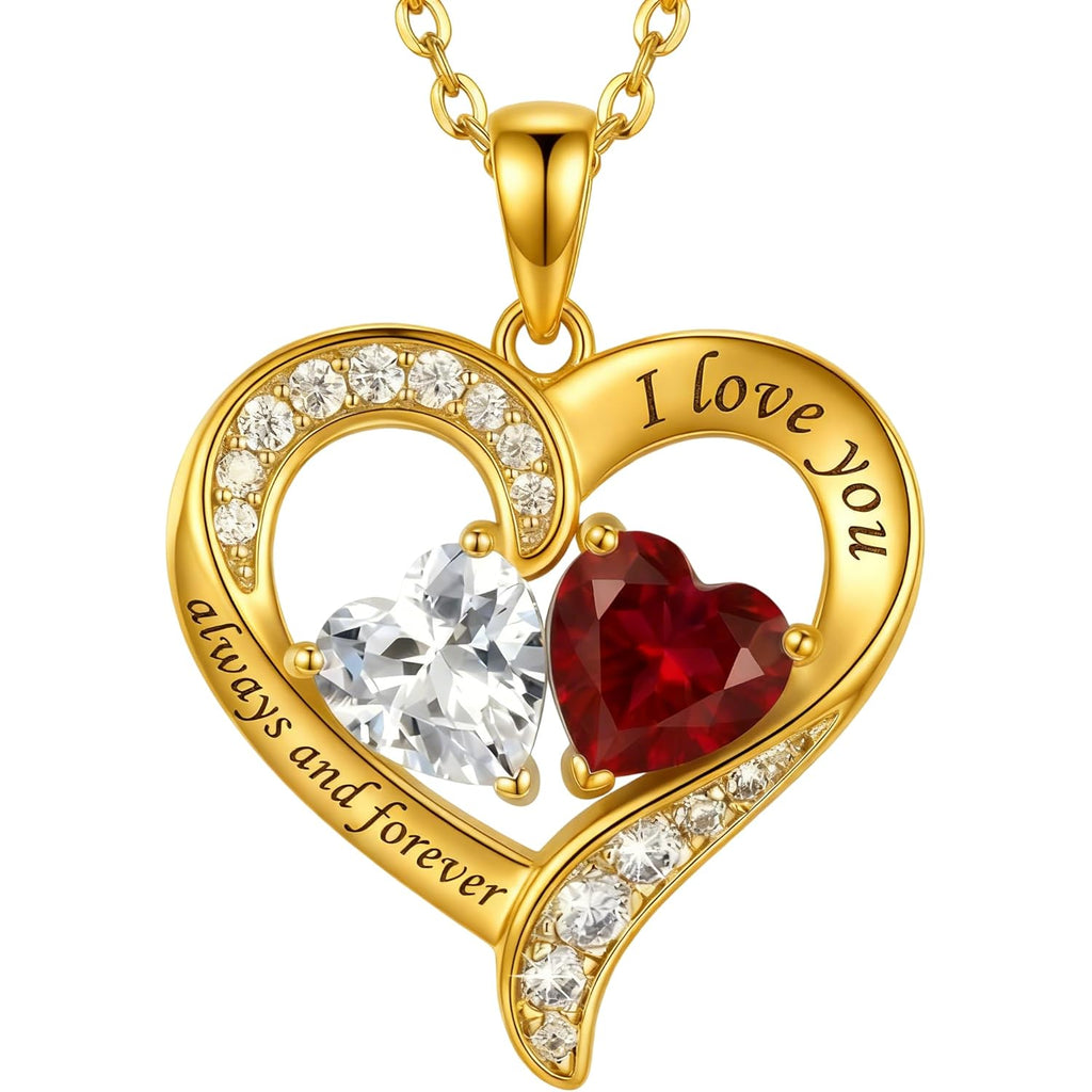 10K 14K 18K Gold Personalized Heart Necklace with 2 Birthstones Customized Pendant Jewelry I Love You Always and Forever Mother's Day Jewelry Gifts for Women Mom Wife Grandmother