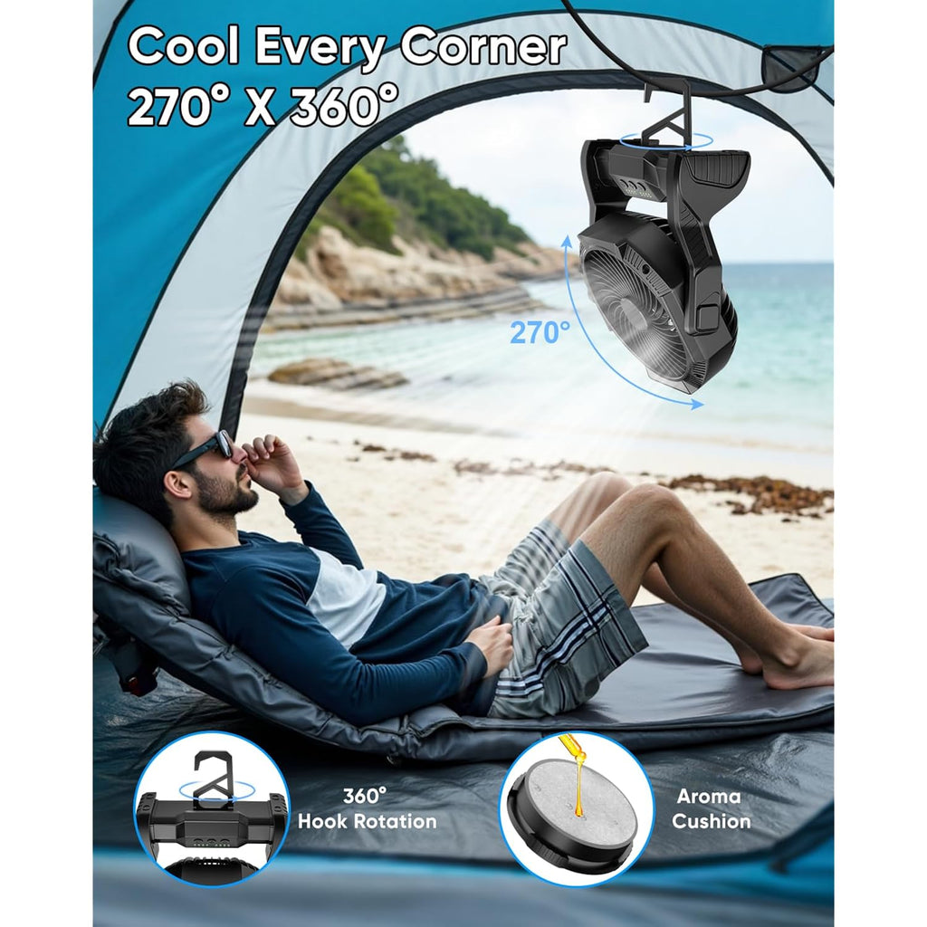 Portable Rechargeable Fan, 20000Mah Battery Powered Camping Fan With Led Light & Hook, 270° Adjustable, 4-Speed, 4H Timer Camping Essentials For Outdoor Tent Travel Bbq Car, Gifts For Men Dad
